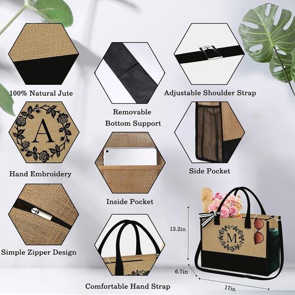 Jute Tote Bag Set - "F" Monogram, Chic, Eco-Friendly & Stylish Gift - Picture 3 of 6